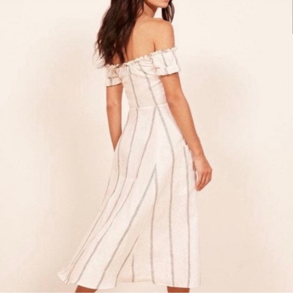 Reformation Bogota Linen Off-Shoulder Dress in Stripes - Size 8 - Picture 3 of 7